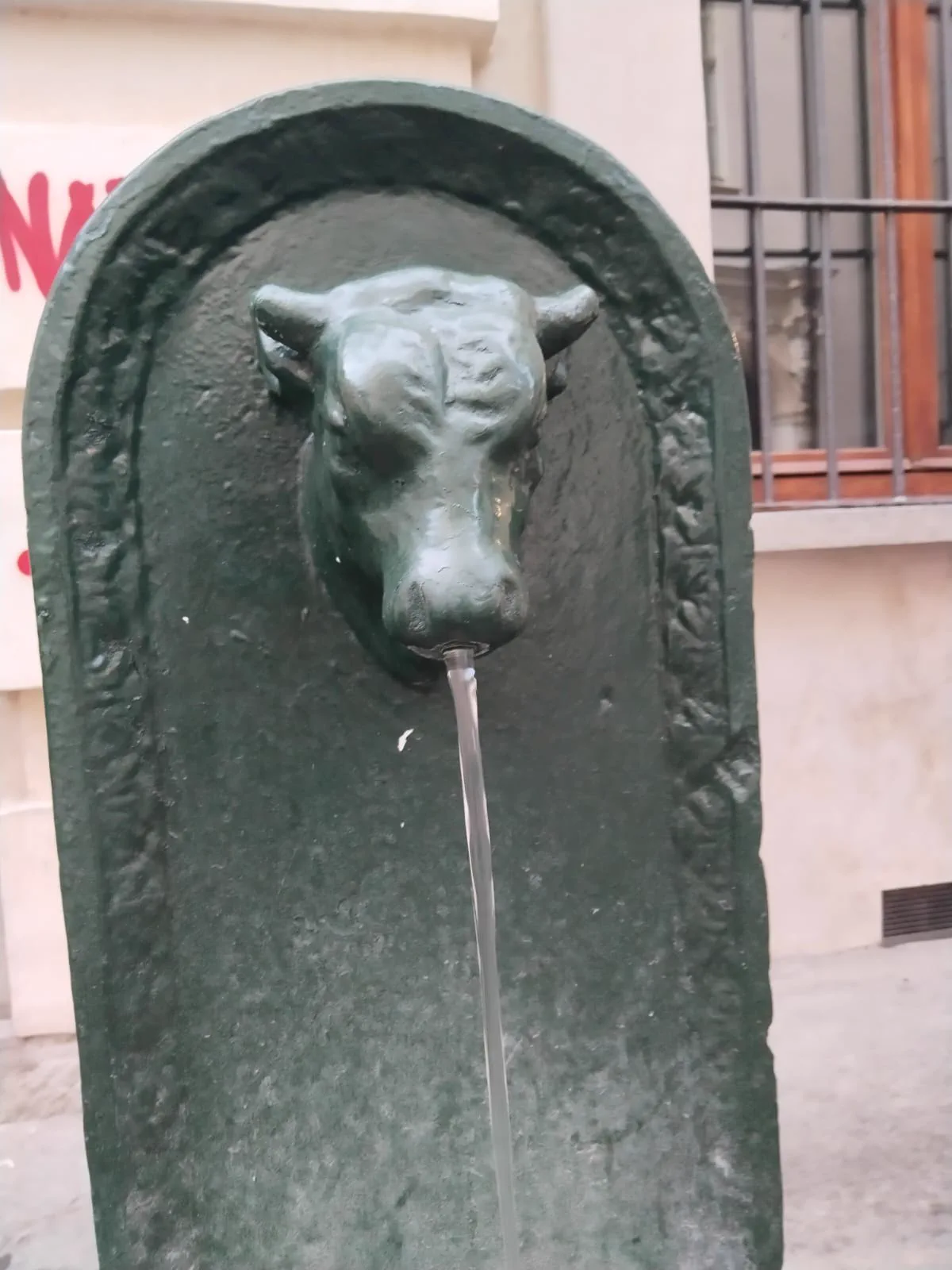 Torino'da yeşil boğa başlı toret çeşmesinin yakın planı