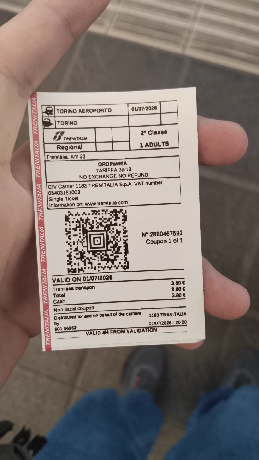 Torino Havalimanı'ndan Torino'ya alınan kâğıt Trenitalia bileti