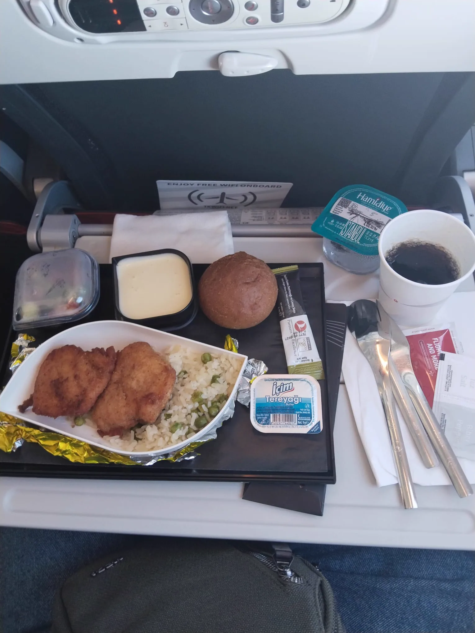 Uçakta pilav, tavuk, ekmek, su ve kahveden oluşan yemek tepsisi
